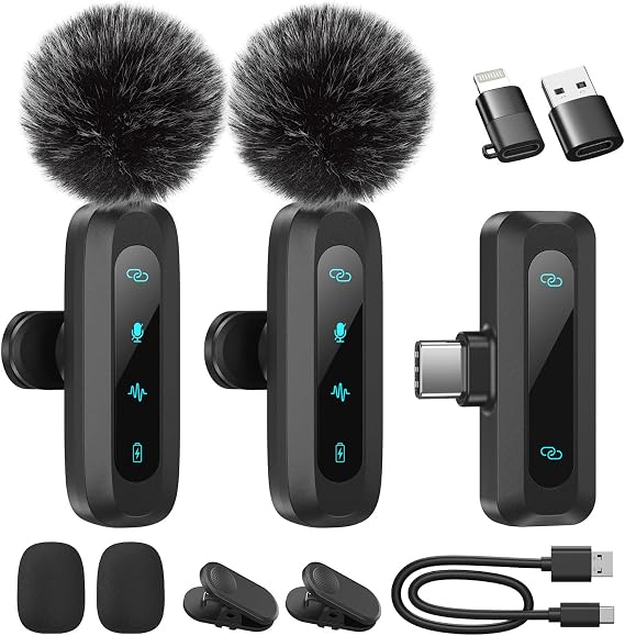 Wireless Lavalier Microphone for iPhone, iPad, Android Phone | 2-Pack Mini Microphone with Noise Reduction, Auto Pairing and Mute & Reverb for Vlogging, Video Recording, TikTok, YouTube