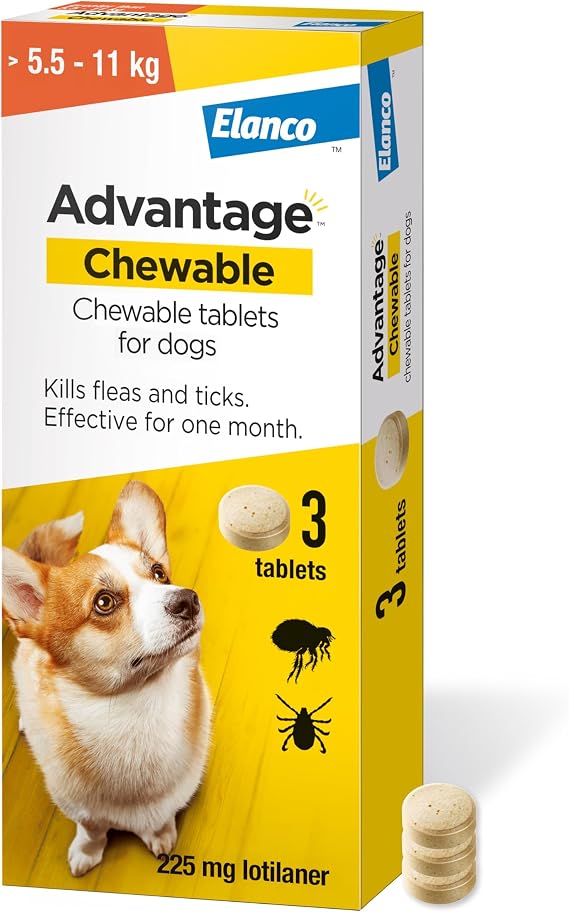 Advantage Chewable 225mg Chewable Tablets for Dogs >5.5-11kg (3 pack), Flea and Tick Treatment, Fast Acting Kills Fleas Within Hours, Prevention Lasts For A Month, Easy To Administer