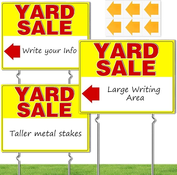 Cyrico Yard Sale Signs with Stakes, 3 Pack 17 x 13 Inch Double Sided Weatherproof Corrugated Plastic Garage Sale Signs with Directional Arrow Stickers for Outdoor Lawn Yard Estate Events, Yellow