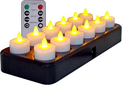 TELOSMA Inductive Rechargeable LED Tealight Candles Flameless with Timer Remote, Set of 12 Amber Yellow Light