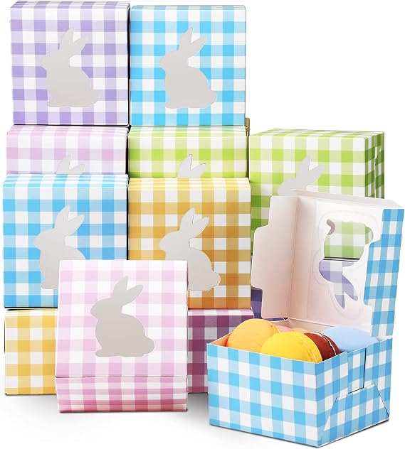 24 Pcs Easter Treat Boxes - 5 Colorful Cardboard Boxes with Rabbit Bunny Shape Window - Easter Candy Containers & Cookie Baskets - Spring Gift Boxes (Plaid)
