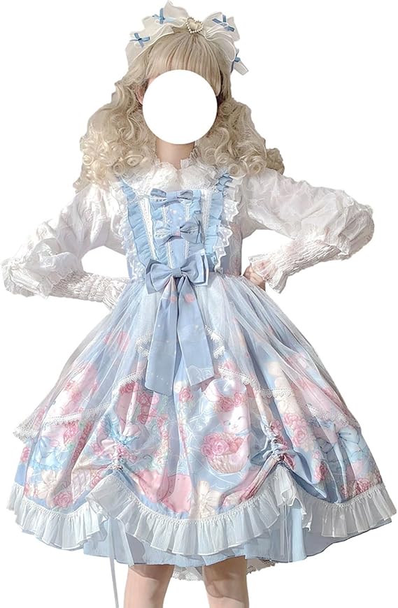 Teens Lolita Princess Party Dress Kawaii Bunny Print Bow Ruffle Sleeveless A-line Cute Dresses Cosplay Costume