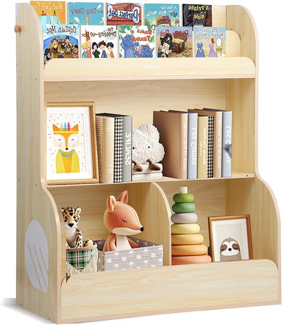 Asweets 2 in 1 Kids Bookshelf & Montessori Toy Storage Cubby, 3 Tiers Children Wooden Bookcase, Fit for Kids Room, Playroom, Kindergarten,