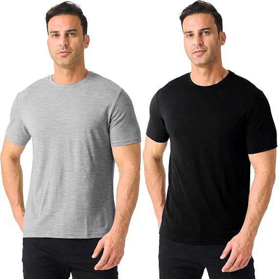 Merino Protect 100% Merino Wool T Shirts for Men Odor Resistance Base Layer Hiking Travel T-Shirt Soft Undershirt 2Pack