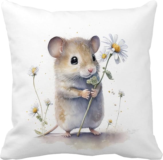 Cute Mouse and Flower 18x18 Inch Throw Pillow Cover, Sweet Floral Mice Decorative Cushion Case, Adorable Rodent Pet Lover Home Room Bed Couch Spring Summer Decor Baby Nursery Gift Pillowcase