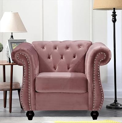 Feinstein Modern Velvet Chesterfield Couches for Living Room with Nailheads, Diamond Tufting & Durable Metal Frame, Chair, Rose