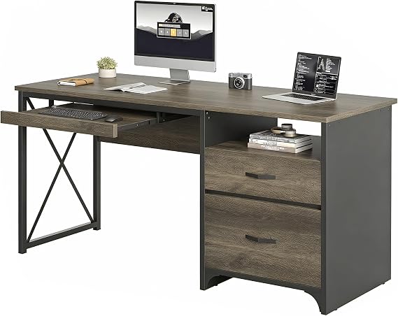 Bestier Office Desk with Drawers, 55 inch Industrial Computer Desk with Storage, Wood Teacher Desk with Keyboard Tray & File Drawer for Home Office, Dark Gray Oak