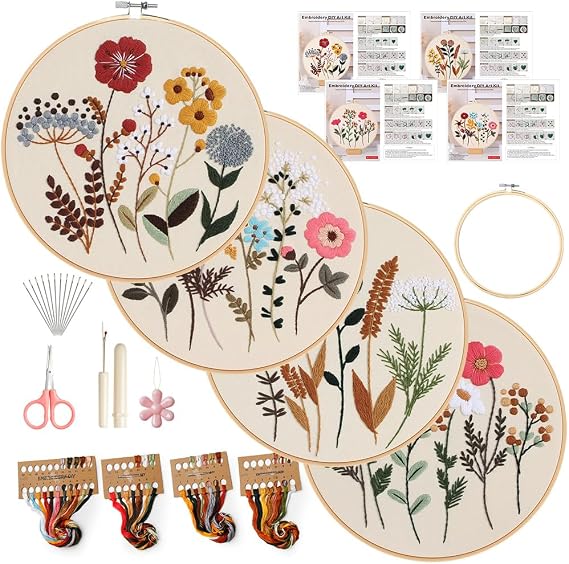 Embroidery Kit, 4 Pack Embroidery Kit for Beginners with Flower Pattern
