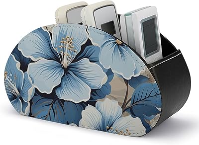 Remote Control Holder, Leather TV Blue Hibiscus Flower Remote Caddy Organizer, Desktop Organizer with 5 Compartments, Bedside Table Organizer for Home, Office, Living Room, Nightstand