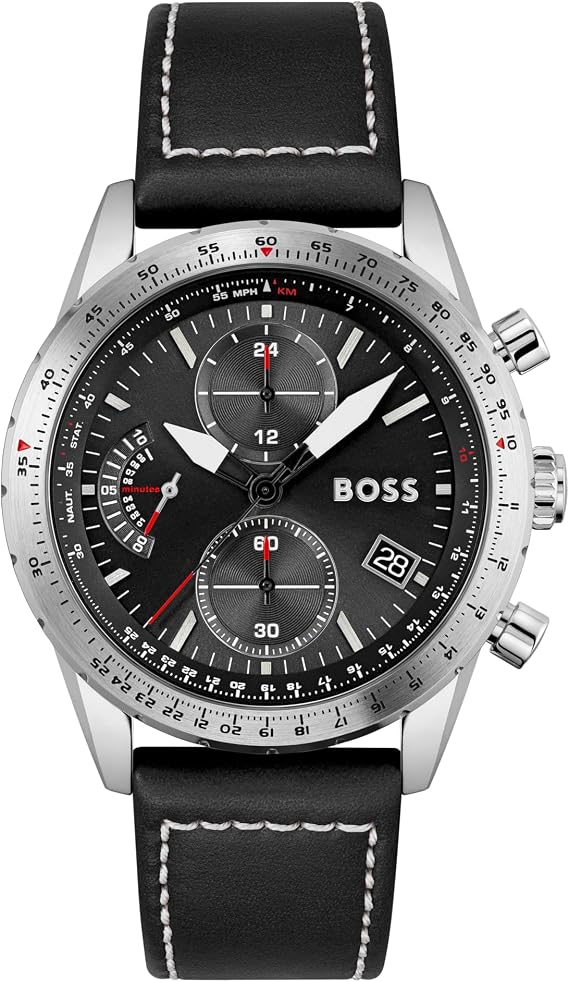 BOSS Men's Chronograph Quartz Watch 44 mm Pilot Edition Chrono with Black Dial Black Leather Strap Date Function 3 Totalisers 5ATM Water Resistance - 1513853