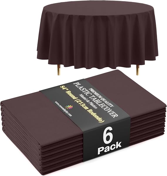 Exquisite 66% Thicker Premium Brown Round Tablecloth 0.5 Mil 6 Pack Plastic Table Cloth Disposable 84 Inch Round Plastic Tablecloth Won't Tear Easily Like Cheap Thin Brands