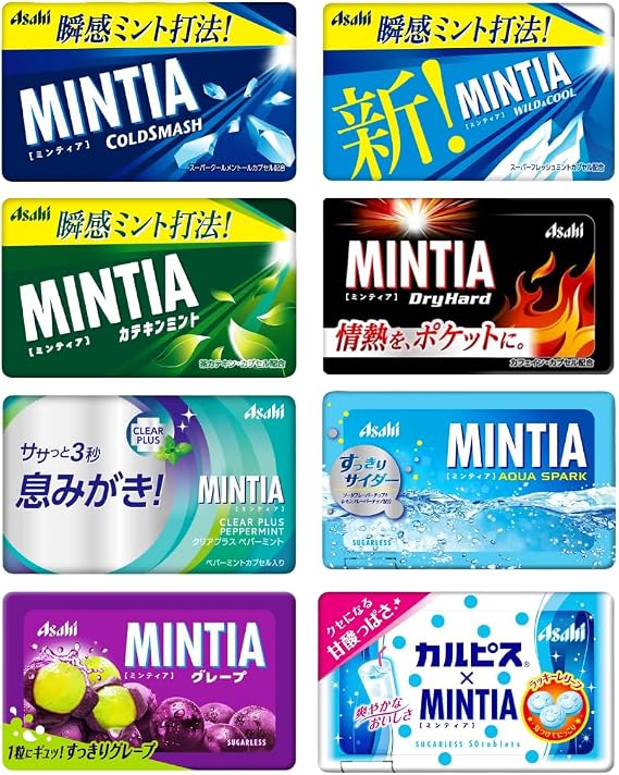 Assortment Eat Comparison Mintia, 50 Tablets, 8 Types Cold Smash, Catechin Mint, Wild & Cool, Aquaspark, Calpis, Grape, Clear Plus, Dry Hard