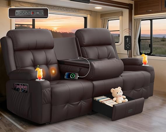 RV Loveseat Recliner Sofa, Built-in Power Strip, Massage Wall Hugger 3-Seater Recliners Couch, Flip Middle Backrest, Drawer & Cup Holder, Reclining Sleeper Sofa, 150 Recline for RV & Living Room