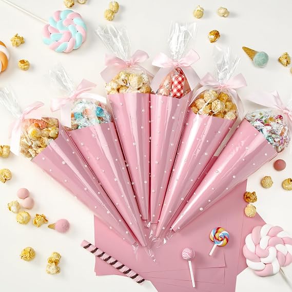Yexiya 156 Pcs Pink Bow Cone Cellophane Bags Snack Popcorn Party Treat