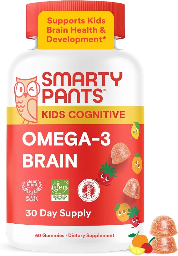 SmartyPants Kids Vitamins Cognitive Omega-3 Brain Gummies with DHA & EPA, Citrus Strawberry, 60 Count (30 Day Supply)