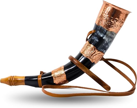 Viking Blowing Bugle with Stand Handcrafted Ox Horn and Copper War Horn with Leather Strap Decorative Medieval for Cosplay, Reenactment, Display, Norse Gift for Adults Men Women