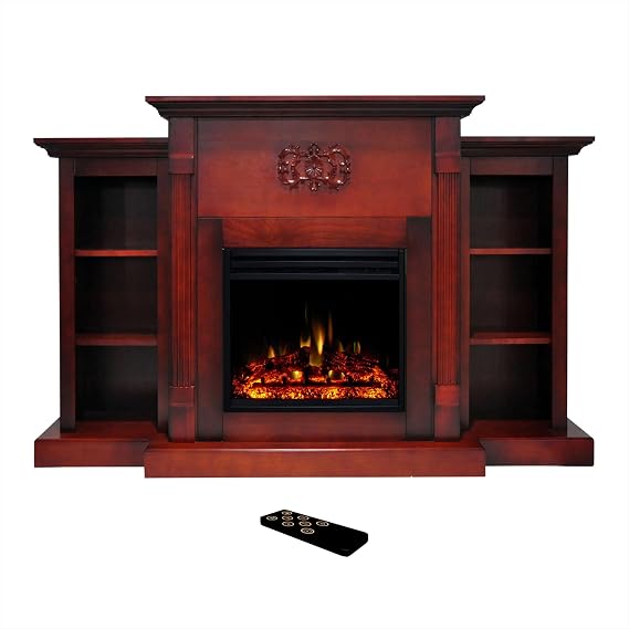 Cambridge Sanoma 72 Inch Freestanding Electric Fireplace Heater with Traditional Mantel, Built-in Bookshelves, Colorful Flames, Timer, Remote Control, Deep Log Display, Cherry