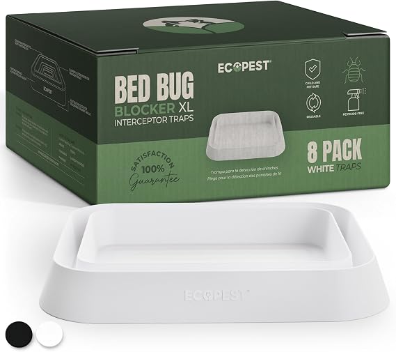 Bed Bug Interceptors 8 Pack | Bed Bug Blocker (XL) Interceptor Traps | Extra Large Insect Trap, Monitor, and Detector for Bed Legs (White)