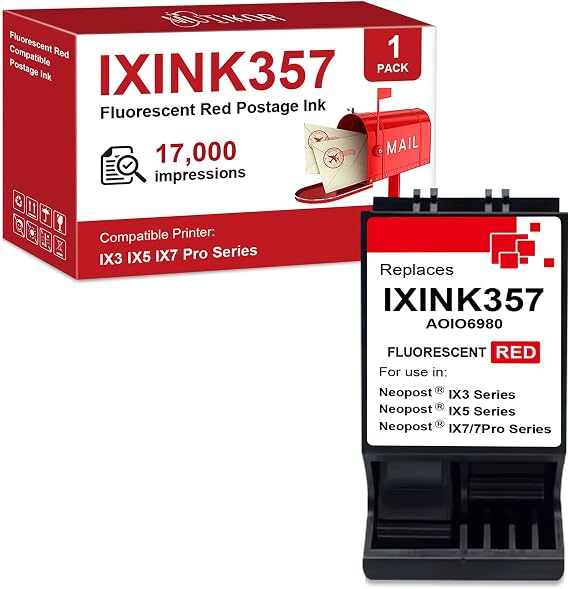 Compatible IXINK357 Quadient Neopost Ink Cartridge for IX-7 Pro, IX-7, IX-5, IX-3 Series Mailing Systems & Postage Meter - Fluorescent Red Printer Ink Cartridge, (1 Pack, Standard Capacity)