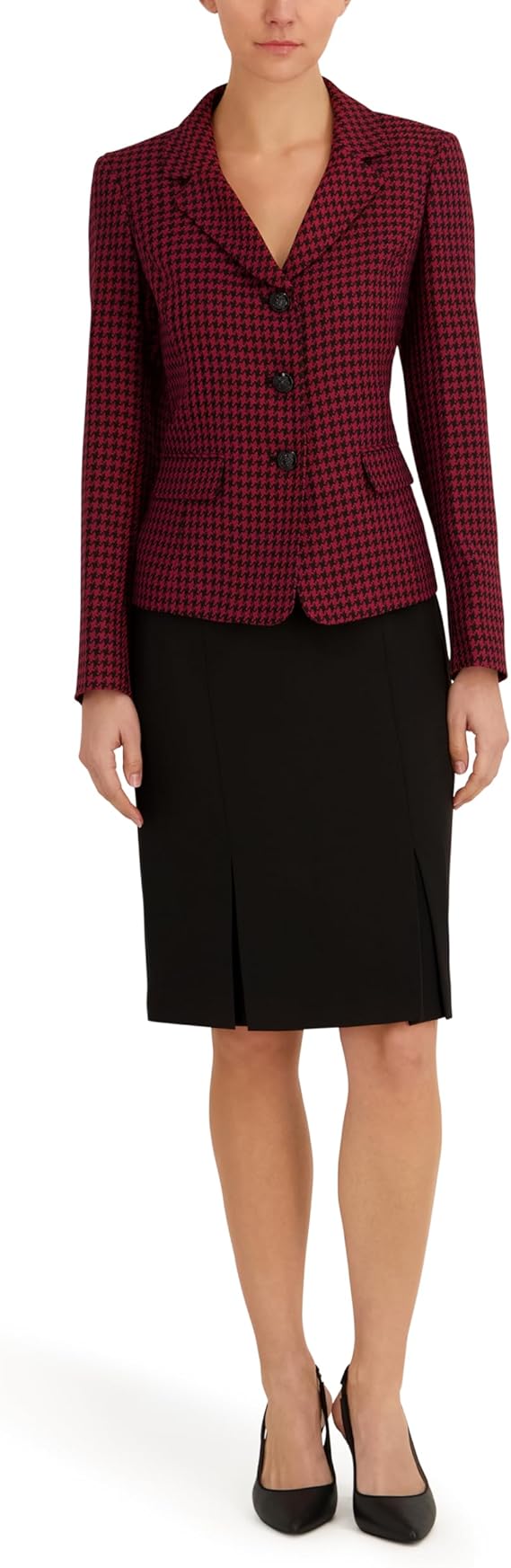 Le Suit Women's Houndstooth Jacket with Flap Pockets & Skirt