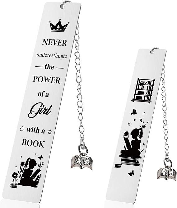 Inspirational Bookmark Gifts for Girls Women - Never Underestimate The Power of a Girl with a Book, Gift for Book Lovers Teachers Friends Readers Students Graduation Birthday Christmas (Silver)