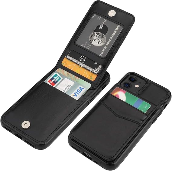 KIHUWEY for iPhone 11 Wallet Case Card Holder Kickstand, Black | Credit Card Slots, Kickstand, PU Leather, Magnetic, Flip Heavy Duty Protection Cover for Men Women