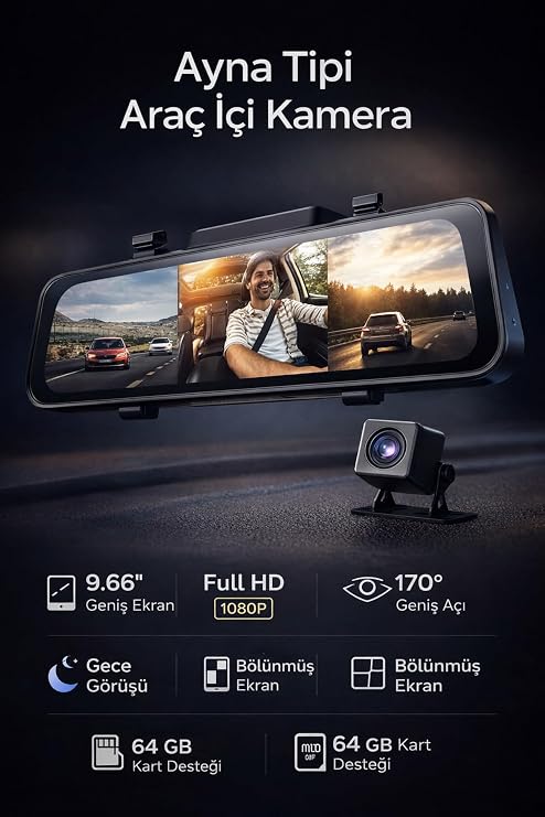 4K 9.66" Dokunmatik Aynalı Araç Kamerası –Tam Ekran Gece Görüş, Çift Kamera, Apple &Android Uyumlu