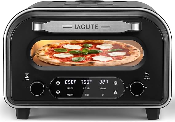 Lagute Electric Pizza Oven - 12-Inch Countertop Indoor Pizza Maker with 6 Presets, 850F High Heat, Dual Heating Components, Pizza Stone & Peel Included