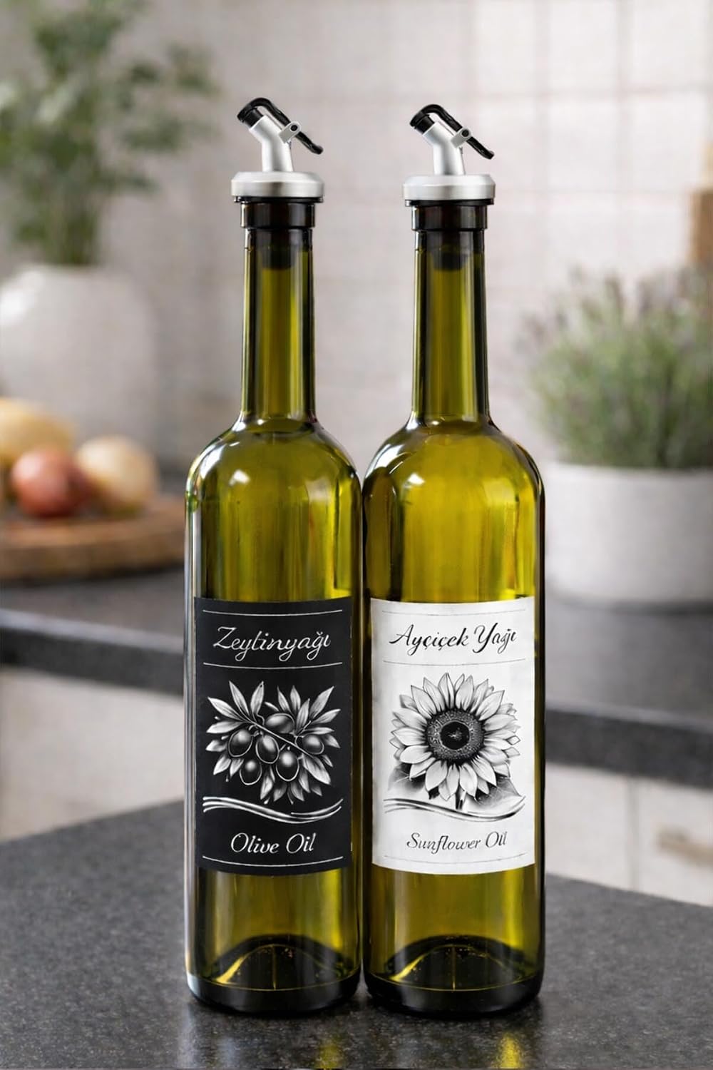 Zeytinyağı ve Ayçiçek Yağı Şişesi Seti, Beyaz Etiket ve Yağdanlık Aparatlı, 750 ml, 2 Adet, Yeşil Cam Şişe (Standsız, Gri)