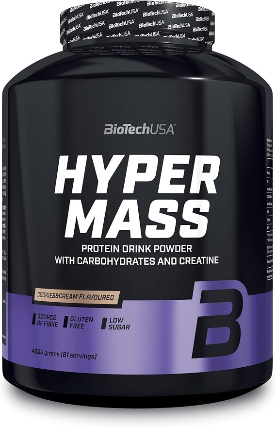BioTechUSA Hyper Mass - Mass Gainer with Carbs & Protein Blend | Micronised Creatine | Gluten-Free, 4 kg, Cookies & Cream | To support the mass increase phase | High protein | Low in sugars | 4 kg, Cookies & cream
