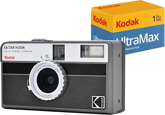 Kodak EKTAR H35N Half Frame Film Camera Bundle with Kodak Ultramax 400/24EXP 35mm Roll Film (Striped Black)