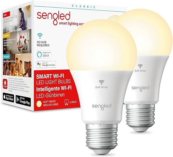 Sengled Smart Bulbs That Work with Alexa, WiFi Light Bulbs LED E27 Compatibal with Alexa Echo Dot Google Home, Dimmable Remote Control, Smart Light Bulbs 87% Energy Saving 60W, 806LM 2700K, 2 Pack