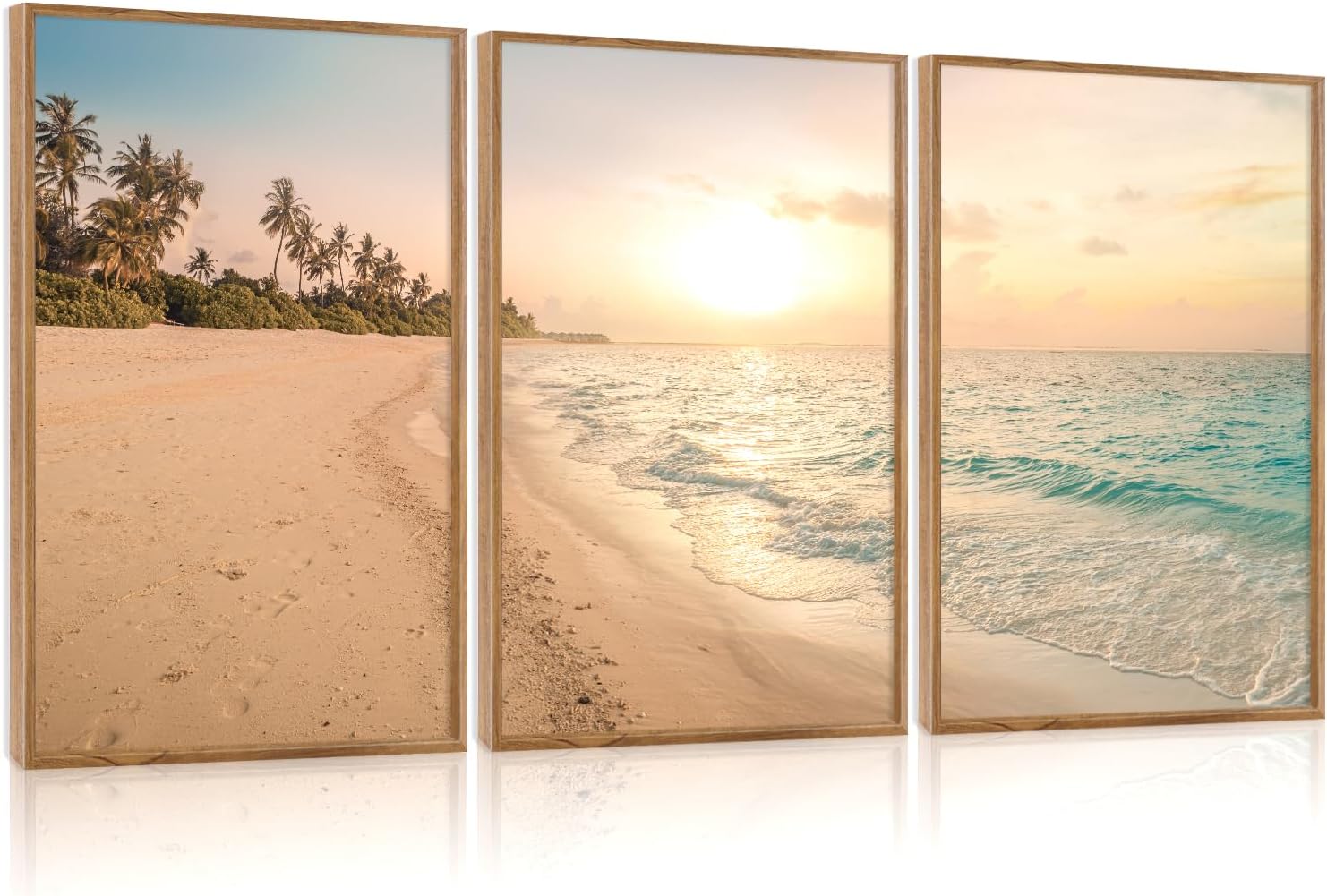 Aurlan Tropical Beach Sunset Framed Wall Art16x24, 3PCS Coastal Ocean Island Canvas Artwork, Vintage Seascape Landscape Scenery Decor Prints for Office Home
