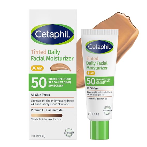 Cetaphil Tinted Facial Moisturizer SPF 50, All Skin Types, 1.7 oz | Lightweight Tinted Sunscreen, Broad Spectrum SPF 50, Vitamin E & Niacinamide, Hydrates all Skin Types, BB Cream Alternative