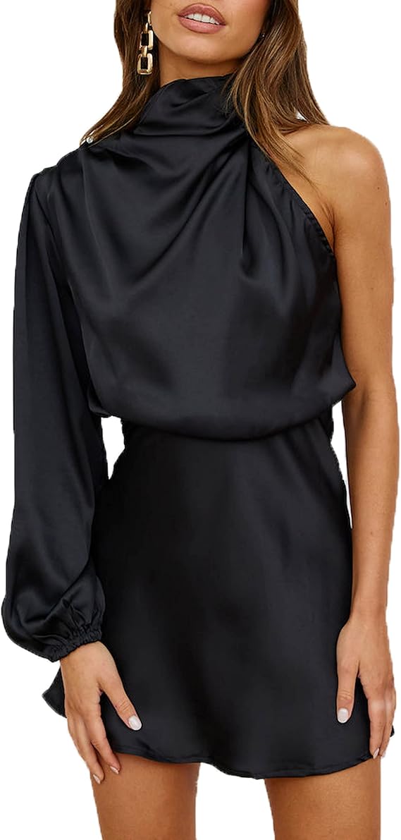 KOUNAI Women Satin One Shoulder Long Sleeve High Neck Cocktail Mini Dress