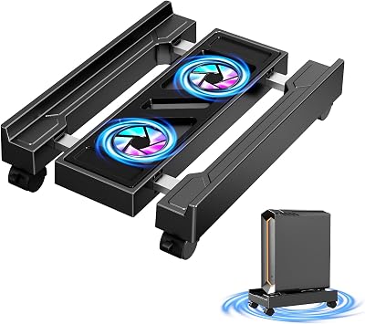 Adjustable Computer Tower Stand with Cooling Fan, Mobile CPU Holder with 4 Rolling Casters, Under Desk CPU Bracket PC Floor Cart PC Riser for Office, Home and Classroom. Fan Version