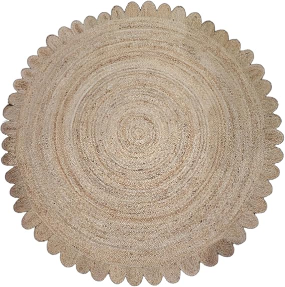Natural Round Jute Jute Area Rug, Floor Scalloped Edge Rug Braided Boho Eco Large Circular Handmade Area Rug, Natural (3x3 Ft Round Rug)