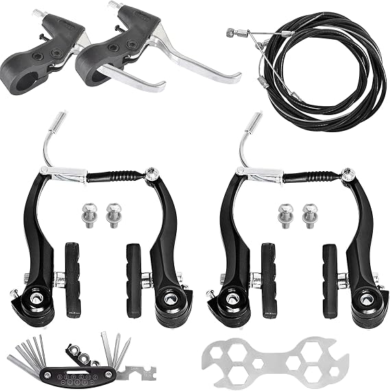 Complete V-Brake Set for Bicycles, Front & Rear MTB Brakes with Calipers, Levers, Cables, and Multi-Tool Wrench - Easy to Install