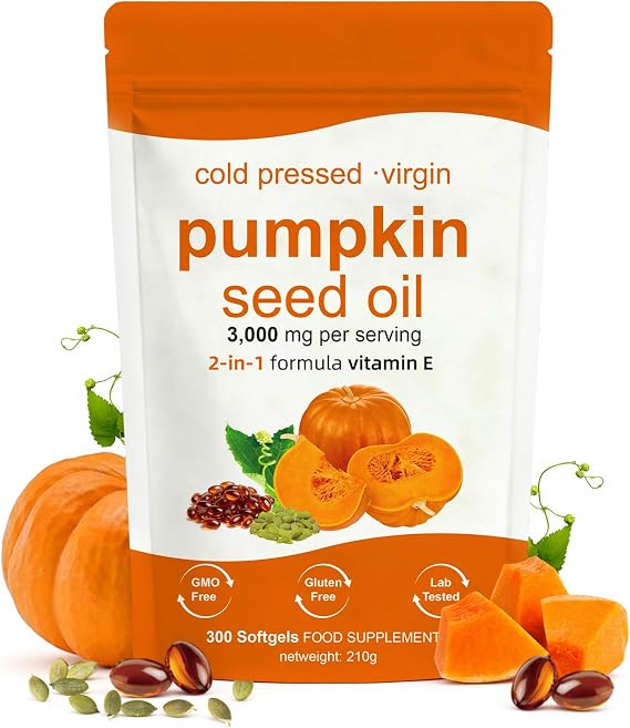 Pumpkin Seed Oil Capsules - 300 Softgels | 3000mg Per Serving, Cold Pressed Virgin Pumpkin Oil, Rich in Omega 6, Omega 9, Supports Hair Growth, Skin