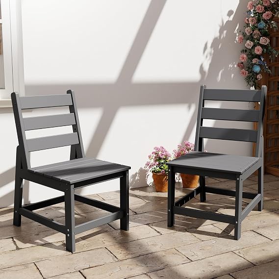 GREENVINES HDPE Outdoor Dining Chairs Set of 2, Armless Chair, Grey | Spacious Seat | Heavy Duty Furniture | All Weather | Waterproof | Low Maintenance for Deck Garden & Backyard