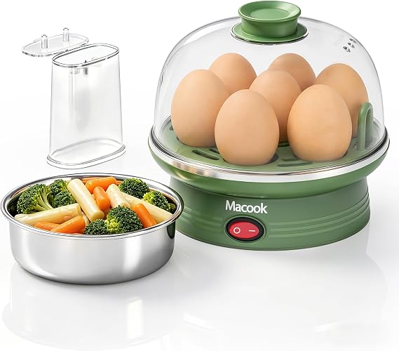 Macook Egg Cooker & Stainless Steel Steamer, 7 Egg Capacity Electric Egg Boiler, Quick Boiling, Auto-Off, 350W, Green - Includes Measuring Cup, Stickers & Removable Tray (Green)