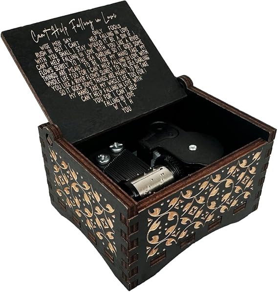 Mini Music Box 18 Note Hand Crank Engraved Wood Music Box for Dear Wife Girlfriend Valentine Xmas Wedding Anniversary Present (Can't Help Falling in Love-Wind up)