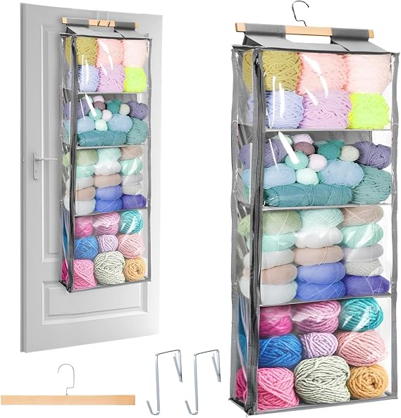 Hanging Yarn Storage Organizer, Over the Door Hanging Yarn Holder with 4 Large Pockets, Clear Crochet Knitting Bag Organizer with Zippers and Hooks, for Knitting Needles Crochet Hooks, Gray