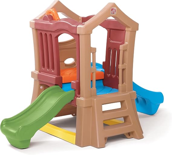Step2 Play Up Double Slide Climber, Kids Outdoor Playset, Backyard Playground Set, 2 Slides, Elevated Playhouse, Outside Jungle Gym, For Toddlers 2-6 Years Old