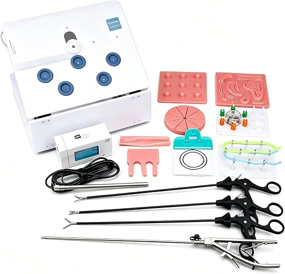 Laparoskopische Trainer-Simulator-Box Komplettes Chirurgie-Trainingsset mit Instrumenten und Zubehör für Ärzte und StudentenMit 0-Grad-Spiegel 8 Trainingsmodulen 4 Chirurgische Instrumente