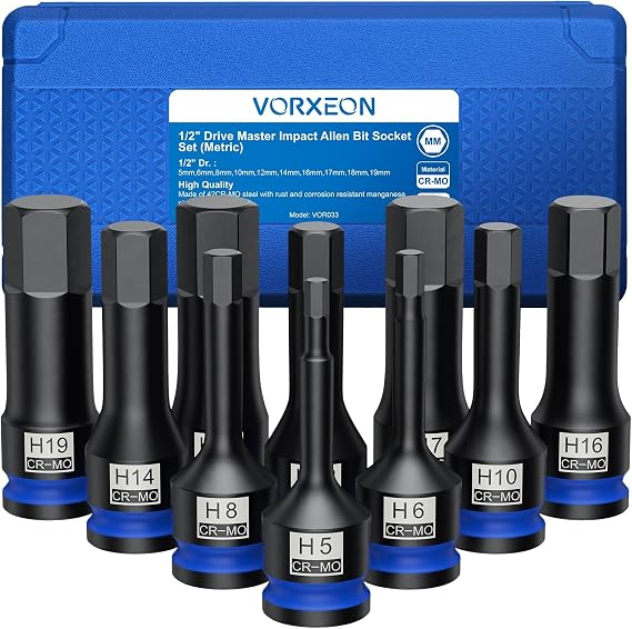 10pcs 1/2 Impact Hex Socket Set en 42CRMO Heavy Duty Allen Key Socket Set 1/2 Drive for Impact Wrench 5mm 6mm 8mm 10mm 12mm 14mm 16mm 17mm 18mm 19mm with Storage Case