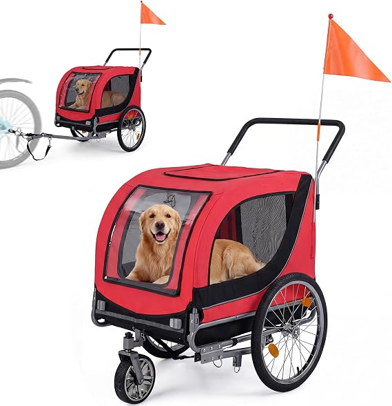 Giantex 2-in-1 Dog Bike Trailer & Pet Stroller for Large Dogs Foldable Pet Carrier Cart with Front Caster & 2 Air-Filled Tires, Breathable Mesh, PVC Rain Cover, 176 lbs Capacity (Red)