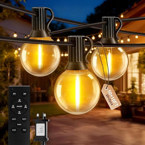 Outdoor String Lights, 60(50+10) FT/18m 25+2 LED G40 Bulbs Garden Lights Mains Powered with Remote Control Dimmable Timer, Waterproof Festoon Light for Balcony Gazebo Patio Pergola [Energy Class F]