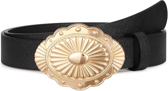 Women-Western-Cowgirl-Belt-Country-Concho Vintage Leather Belt with Concho Turquoise Buckle,Gold Black