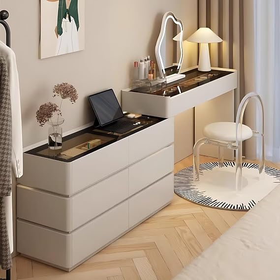 Ultra Narrow Makeup Vanity Desk - Luxury Solid Wood Frame Vanity Set with 8 Drawers & Ambient Light, Bedroom Dressing Table Include Smart LED Mirror and Chair, for Her (Khakigray,47'')